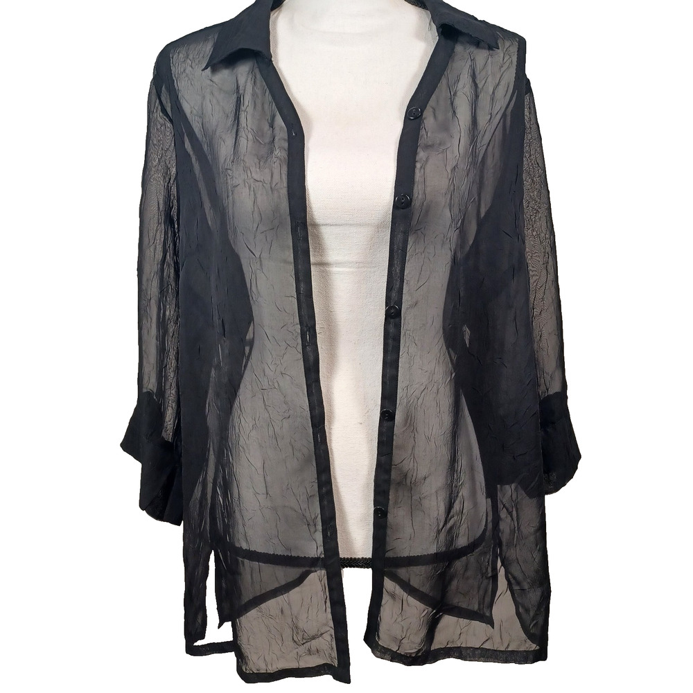 Kathie Lee Black Sheer Button Up Shirt 14W/16W Whimsigoth Gothic Romantic